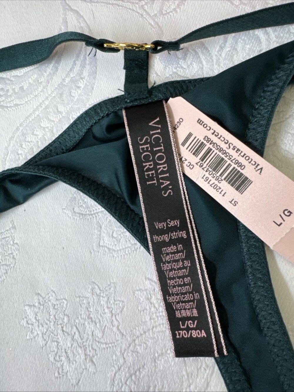 VICTORIA'S SECRET L GREEN GOLD CHARM VERY SEXY STRAPPY SILKY STRING PANTIES NWT - Picture 6 of 8